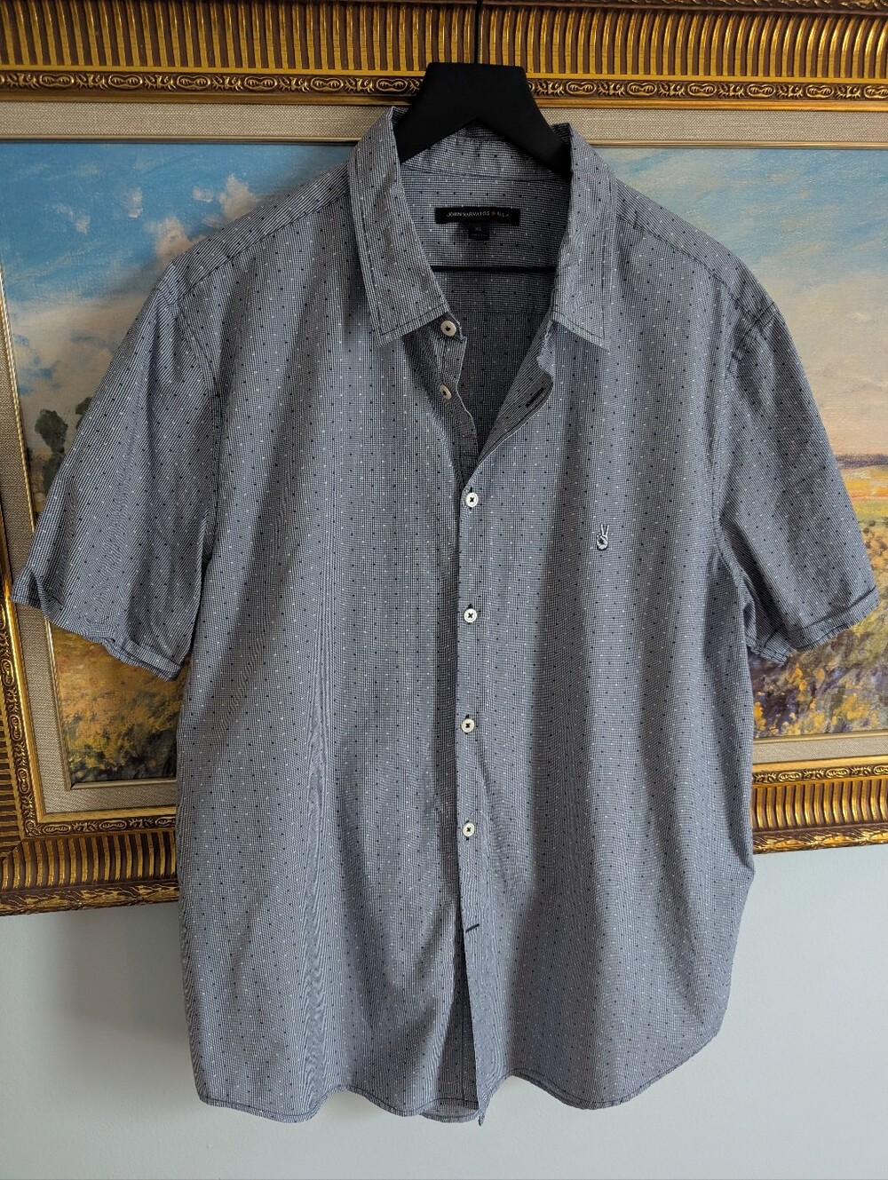 John Varvatos Gray Short-Sleeve Button-Down with Subtle Dot Pattern